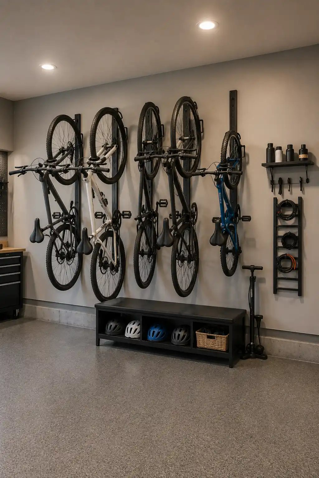 Clean modern garage featuring a vertical bike storage wall with multiple adult and children's bicycles mounted securely on individual wall racks. A low black storage bench holds cycling helmets and accessories, while a tire pump, bike locks, and repair essentials are organized nearby for a practical family bike storage solution.
