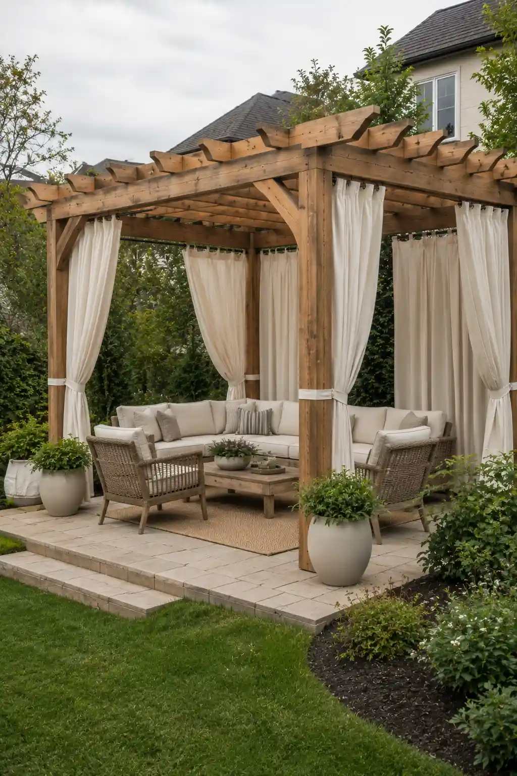 Warm wooden backyard pergola with flowing ivory outdoor privacy curtains surrounding a cozy lounge with a sectional sofa, woven chairs, a wood coffee table, large planters, and lush garden landscaping.