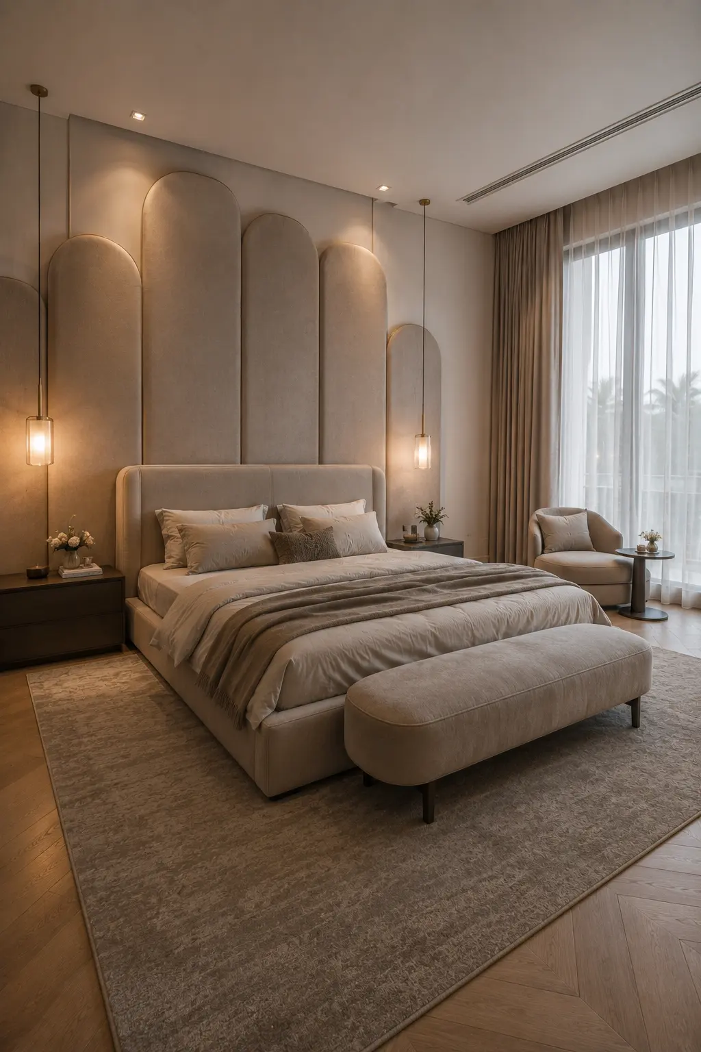 Elegant modern bedroom with tall curved upholstered wall panels behind the bed, softly rounded architectural forms, warm neutral fabric, pendant lighting, layered bedding, dark wood nightstands, a matching bench, and refined contemporary bedroom decor.