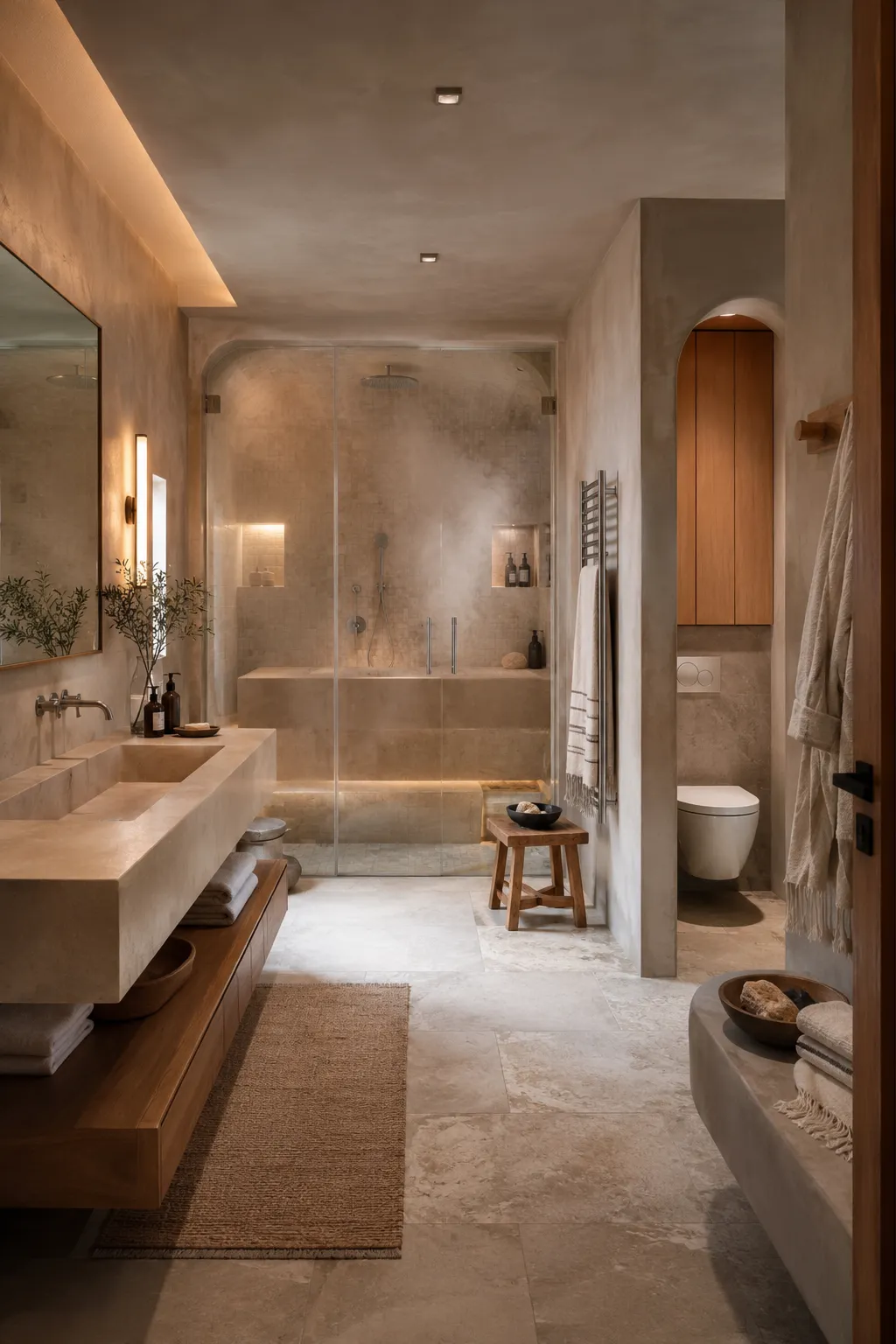 Modern hammam inspired bathroom featuring a spacious glass enclosed steam shower, full width built in stone bench, rainfall and handheld showers, illuminated recessed niches, floating stone vanity, private toilet alcove, heated towel rail, wooden stool, and warm plaster walls.