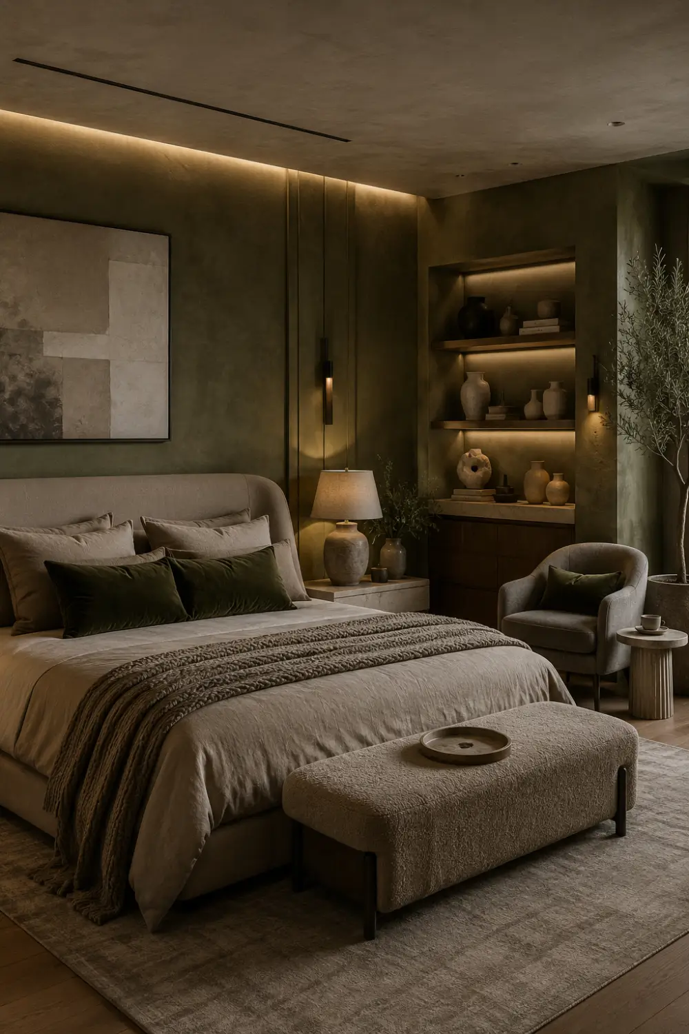 Muted olive bedroom with taupe bedding, stone gray accents, organic modern bedroom decor, earthy neutral color palette, luxury bedroom styling, calming bedroom inspiration, warm ambient lighting, natural home decor ideas, elegant designer bedroom, cozy luxury interior design.