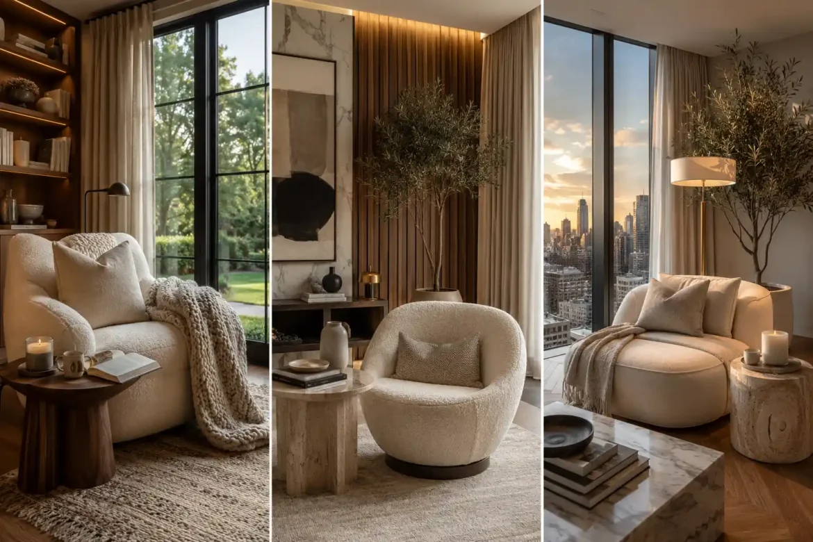 Ultra realistic luxury cozy reading chair ideas featuring three modern reading nooks with oversized bouclé lounge chairs, floor to ceiling windows, walnut accents, designer side tables, warm neutral decor, and elegant contemporary home library inspiration.