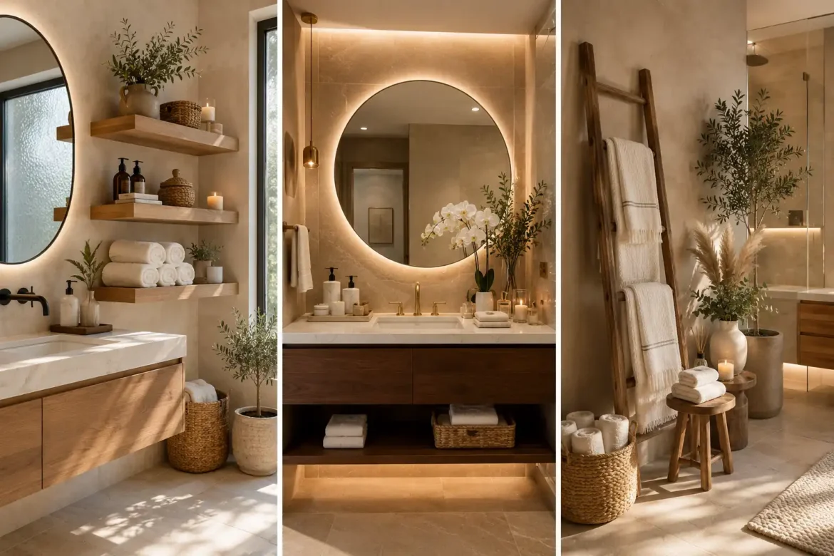 Luxury guest bathroom decor ideas collage featuring floating wooden shelves, a decorative round LED mirror, a stylish wooden towel ladder, woven storage baskets, rolled white towels, greenery, and warm spa inspired accessories in a modern organic bathroom design.