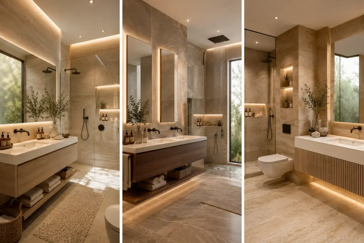 Luxury earth tone bathroom designs collage featuring three modern bathrooms with floating wood vanities, frameless glass walk in showers, oversized LED mirrors, warm beige stone tiles, matte black fixtures, ambient lighting, and contemporary home bathroom design inspiration.