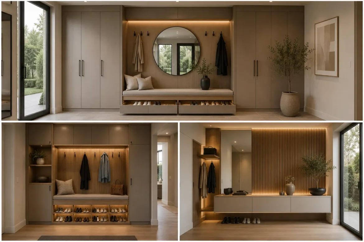 Luxury collage of modern entryway storage ideas featuring custom built in cabinets, hidden shoe storage, integrated benches, floating storage wall, warm oak accents, round mirror, vertical wood slat panels, matte black coat hooks, recessed LED lighting, porcelain flooring, and contemporary home organization solutions for shoes and coats.