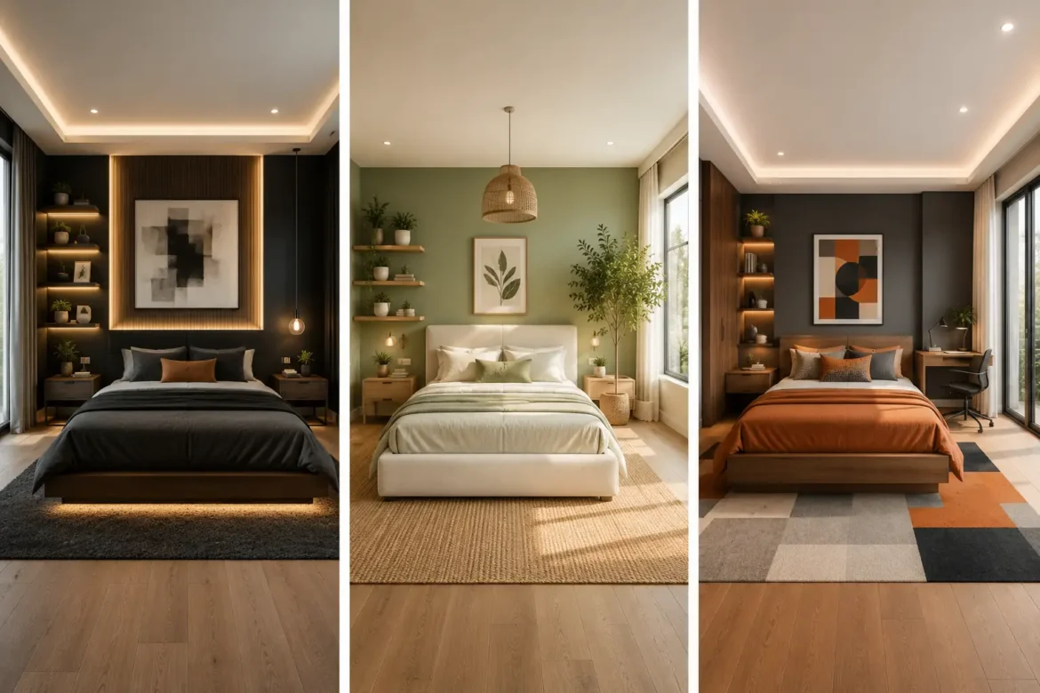 Collage of three stylish teen bedroom ideas featuring a modern black bedroom with warm wood accents, a calming sage green bedroom with natural textures, and a contemporary charcoal bedroom with burnt orange décor. Each room showcases a cozy platform bed, functional study area, built in shelving, layered bedding, and designer inspired interiors perfect for modern teen bedroom inspiration.