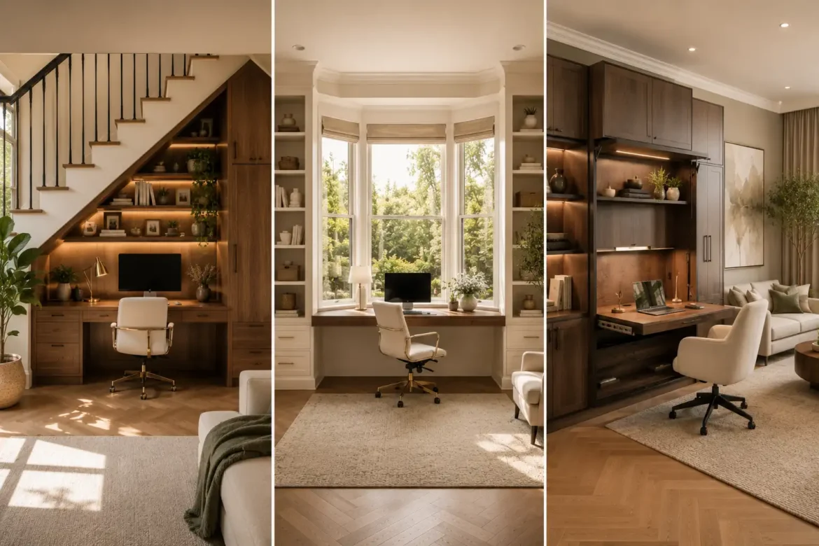 Luxury small home office ideas collage featuring three stunning space saving workspace designs including an under stairs home office, bright bay window office, and hidden cabinet home office with custom built in desks, premium walnut cabinetry, ergonomic chairs, warm LED lighting, elegant storage solutions, natural daylight, and modern luxury interiors for tiny homes and compact spaces.
