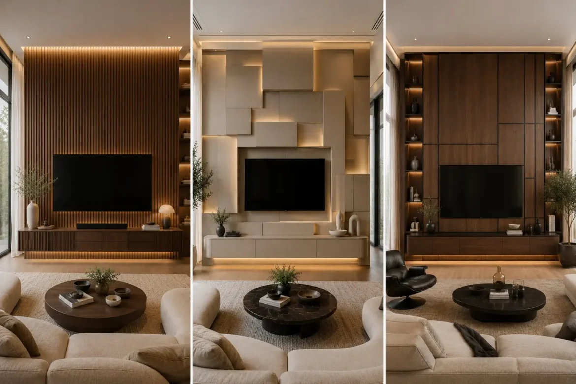 Luxury modern TV wall ideas collage featuring three premium architectural living room feature walls with 3D wall panels, fluted wood slats, walnut finishes, floating media consoles, concealed warm LED lighting, custom built display niches, and elegant contemporary interior design inspiration for luxury homes.