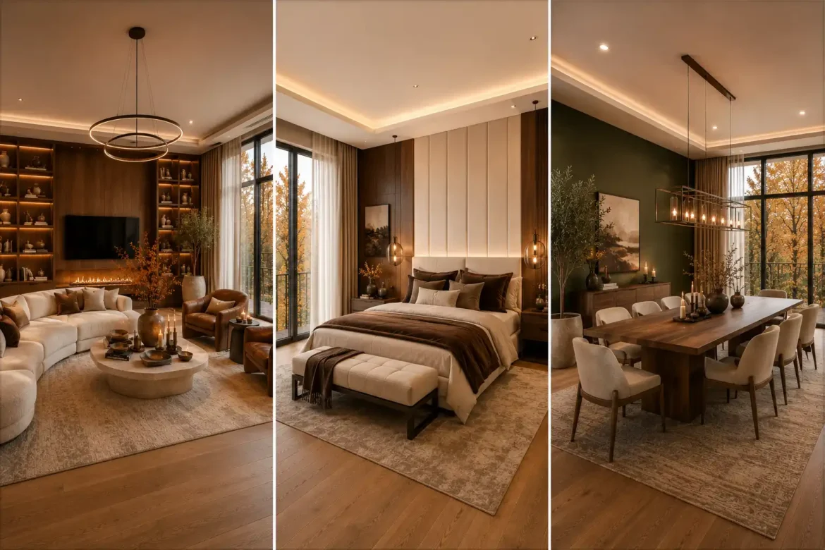 Luxury contemporary fall home decor ideas featuring a three panel interior collage with a warm walnut living room, elegant cream and chocolate bedroom, and sophisticated olive green dining room, curved cream sectional sofa, walnut furniture, upholstered bed, solid wood dining table, modern lighting, autumn color palette, floor to ceiling windows, cozy luxury fall home decor, modern interior design inspiration, elegant seasonal home decorating ideas.