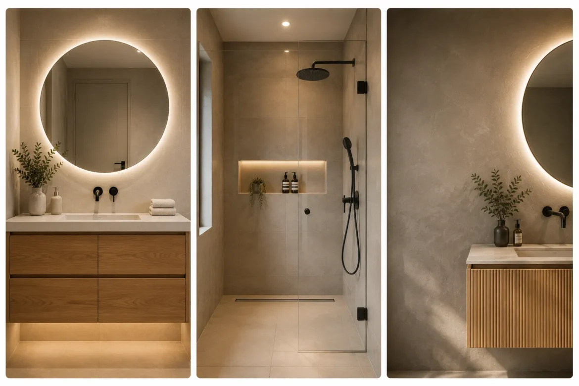 Modern small bathroom decor ideas featuring a floating natural oak vanity with a white quartz countertop, oversized round LED backlit mirror, frameless glass walk in shower with recessed illuminated shower niche, fluted wood vanity, warm neutral porcelain tiles, matte black fixtures, minimalist styling, and luxury budget bathroom ideas for contemporary homes.