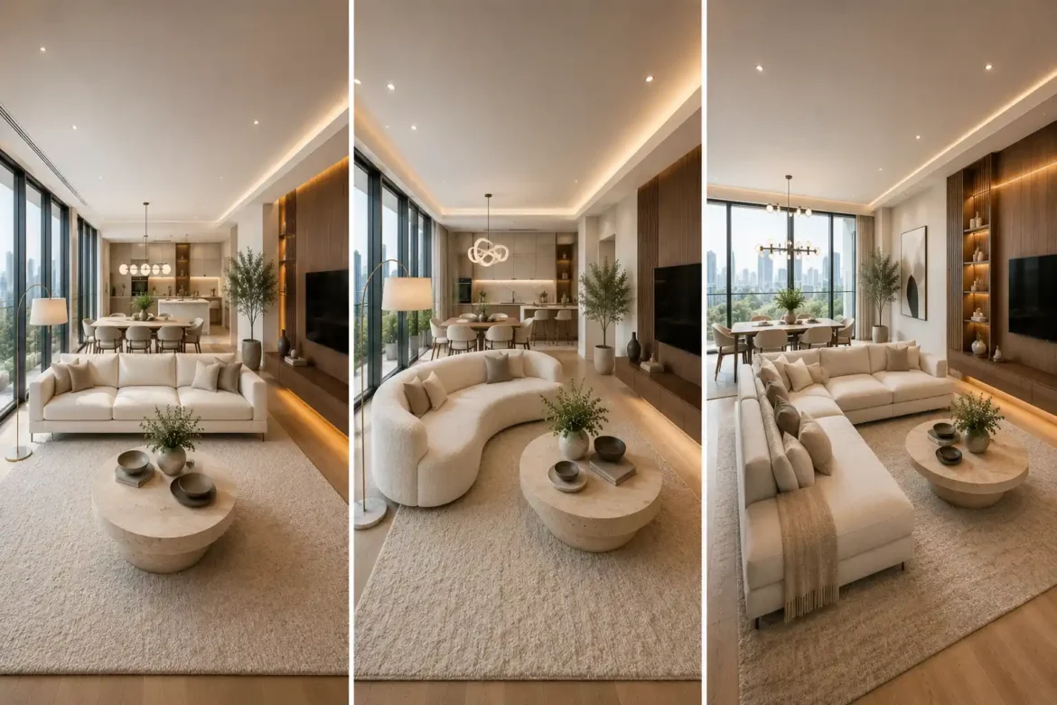 Luxury 3 panel collage showcasing designer sofa layout ideas for small open living rooms, featuring a floating cream sofa, curved modern sofa, L shaped sectional, oversized textured area rugs, round stone coffee tables, custom walnut media walls with LED lighting, open concept kitchen and dining areas, floor-to-ceiling windows, warm oak flooring, neutral contemporary home decor, and elegant modern apartment interior design.