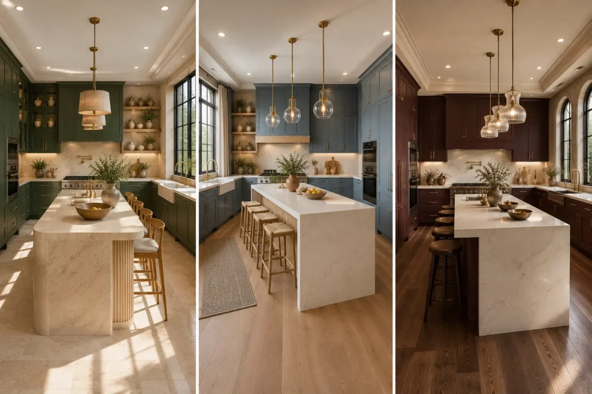Luxury designer kitchen color palettes featuring three modern kitchens in forest green, dusty blue, and burgundy cabinetry with white quartz waterfall islands, brass hardware, hardwood flooring, designer pendant lighting, premium appliances, and the top kitchen color trends for 2026 luxury home inspiration.
