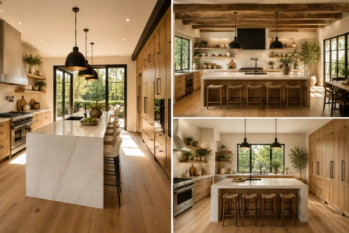 Luxury modern rustic kitchen collage featuring three elegant kitchen designs with natural oak cabinetry, oversized white quartz waterfall islands, matte black pendant lights, reclaimed wood ceiling beams, floating wood shelves, black framed windows, warm hardwood flooring, open shelving, neutral décor, indoor olive trees, handcrafted ceramic accessories, and abundant natural sunlight showcasing timeless modern rustic kitchen inspiration. Rustic Home Decor Ideas
