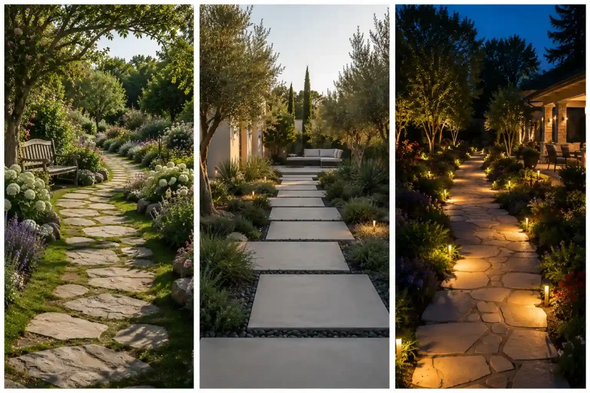 Collage of three beautiful garden pathway ideas featuring a natural flagstone walkway with blooming flowers, a modern concrete slab garden path with minimalist landscaping, and an illuminated stone garden pathway at night, showcasing luxury backyard landscaping, elegant outdoor walkways, and inspiring garden path designs for every home.