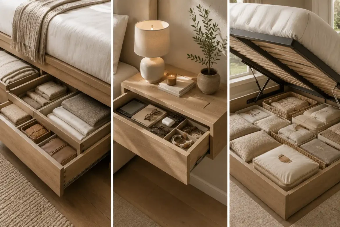 Luxury collage featuring three modern small bedroom storage ideas including under bed storage drawers, a floating nightstand with hidden drawer storage, and a hydraulic lift up storage bed with organized compartments, showcasing smart space saving bedroom storage solutions, hidden storage furniture, modern bedroom organization, and minimalist home decor inspiration.