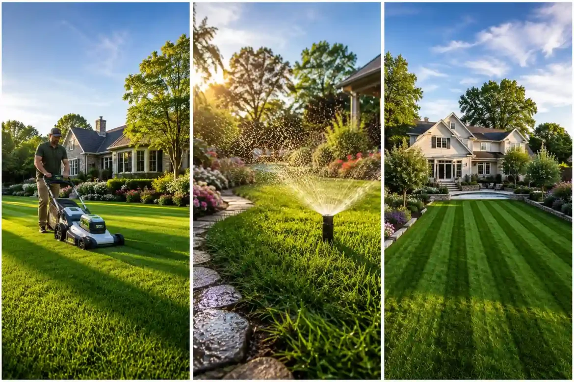 Premium featured collage showcasing three essential Lawn Care Tips including professional lawn mowing, deep morning sprinkler watering, and a perfectly striped lush green backyard lawn in front of a luxury home. Healthy emerald grass, expert lawn maintenance, backyard landscaping, curb appeal, and seasonal lawn care tips for a vibrant green yard.