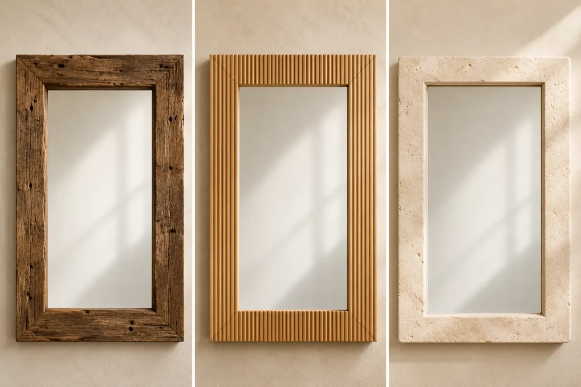 Featured collage showcasing three premium DIY mirror frame ideas, including a rustic reclaimed wood mirror frame, a modern fluted wood mirror frame, and an elegant faux stone mirror frame. Each large rectangular wall mirror is photographed straight on against a warm neutral plaster wall with natural daylight, highlighting handcrafted textures and luxury finishes. Perfect inspiration for DIY mirror frame ideas, mirror makeover projects, farmhouse home décor, modern wall mirror designs, wood mirror frames, luxury home decorating, and custom mirror frame inspiration.