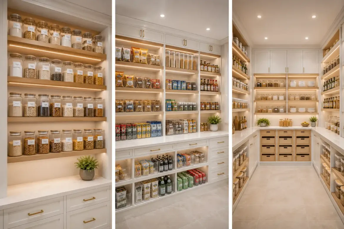 Elegant modern pantry organization ideas featuring three luxury pantry designs with floor to ceiling custom white cabinetry, natural white oak shelving, matching glass storage jars, clear acrylic containers, warm LED shelf lighting, organized pantry essentials, spacious walk in pantry layouts, and premium kitchen storage inspiration for stylish contemporary homes.