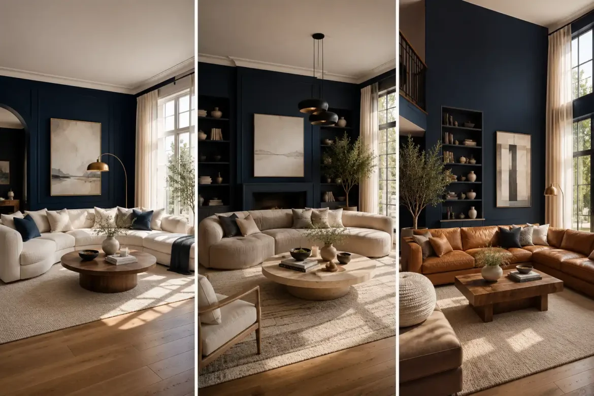 Luxury modern Living Room Color Schemes collage featuring three designer living rooms with rich navy blue and dark blue paneled walls, warm ivory and beige sectional sofas, camel leather seating, walnut and travertine coffee tables, light oak hardwood flooring, textured neutral area rugs, oversized windows with flowing linen curtains, indoor olive trees, elegant built in shelving, brass lighting, modern artwork, and warm natural sunlight showcasing sophisticated blue and neutral living room inspiration.