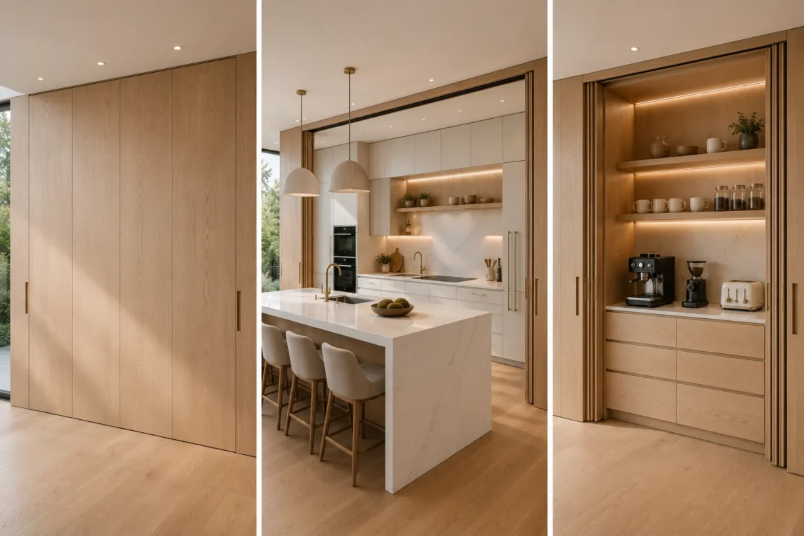 Luxury hidden kitchen ideas design collage showcasing three stages of a modern pocket door kitchen with seamless floor to ceiling white oak cabinetry, closed concealed kitchen wall, fully opened hidden kitchen with waterfall quartz island, matte white handleless cabinets, integrated appliances, warm LED lighting, hidden coffee station, sliding pocket door system, contemporary open concept home, minimalist interior, concealed storage solutions, and premium modern kitchen inspiration.