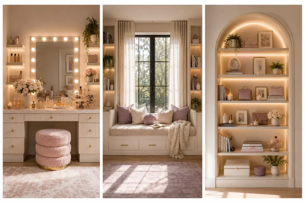 Beautiful collage of modern teen girl bedroom ideas featuring a luxury vanity with Hollywood mirror, cozy built in window seat reading nook, and elegant arched display shelves with warm LED lighting, blush decor, floating shelves, stylish storage, neutral aesthetic, and Pinterest worthy bedroom inspiration for a cozy room makeover.