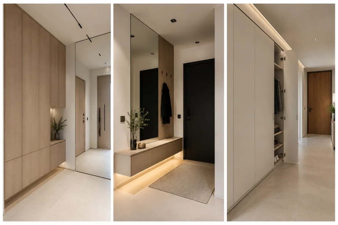 Luxury modern small entryway ideas featuring three stylish real home designs with floor to ceiling hidden storage cabinets, floating storage benches, oversized mirrors, concealed shoe storage, handleless cabinetry, warm LED lighting, clean architectural lines, and space saving solutions for modern apartments and compact homes.
