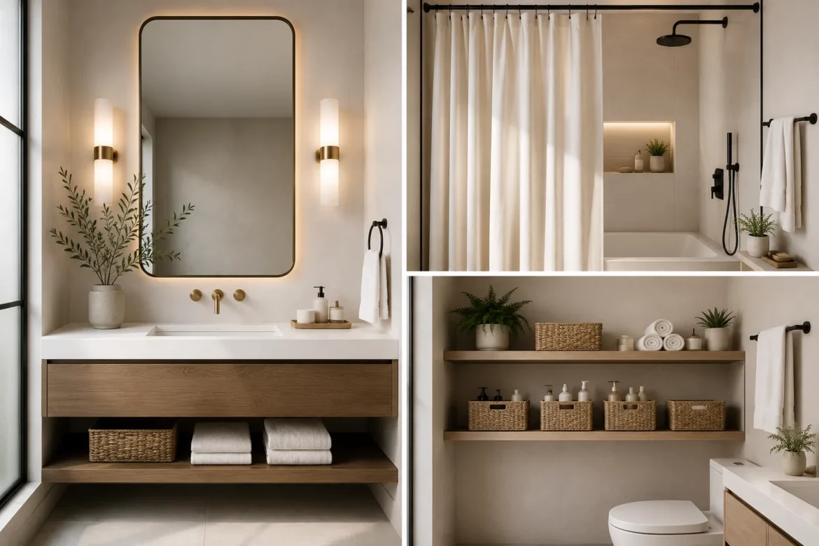 Collage of modern small bathroom makeover ideas featuring a floating wood vanity with LED mirror and wall sconces, luxury white shower curtain with matte black fixtures, organized floating bathroom shelves with woven storage baskets, folded white towels, indoor plants, minimalist bathroom décor, budget bathroom remodel inspiration, contemporary bathroom design ideas, stylish small bathroom organization, affordable bathroom makeover inspiration.