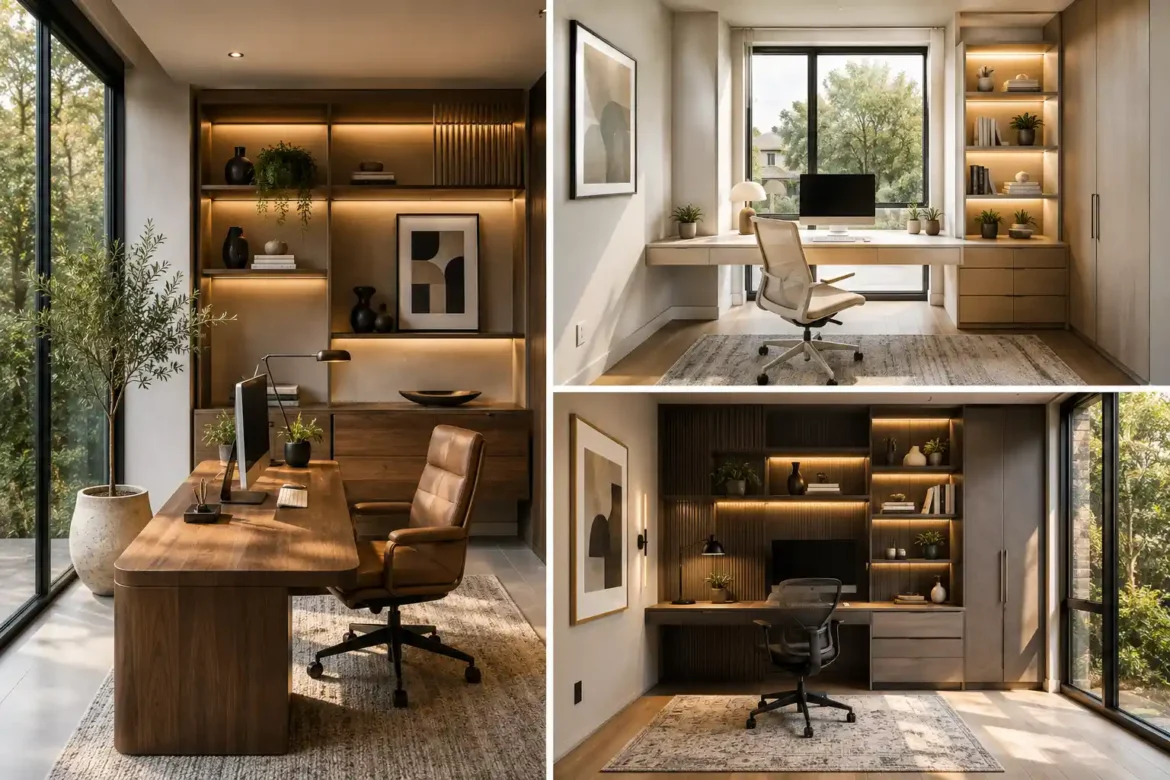 Luxury small home office ideas collage featuring three modern workspace designs with custom built in cabinetry, floating shelves with warm LED lighting, executive wooden desks, ergonomic office chairs, large floor to ceiling windows, natural daylight, minimalist office décor, space saving storage solutions, contemporary home office inspiration, productive workspace design, elegant compact office layouts.