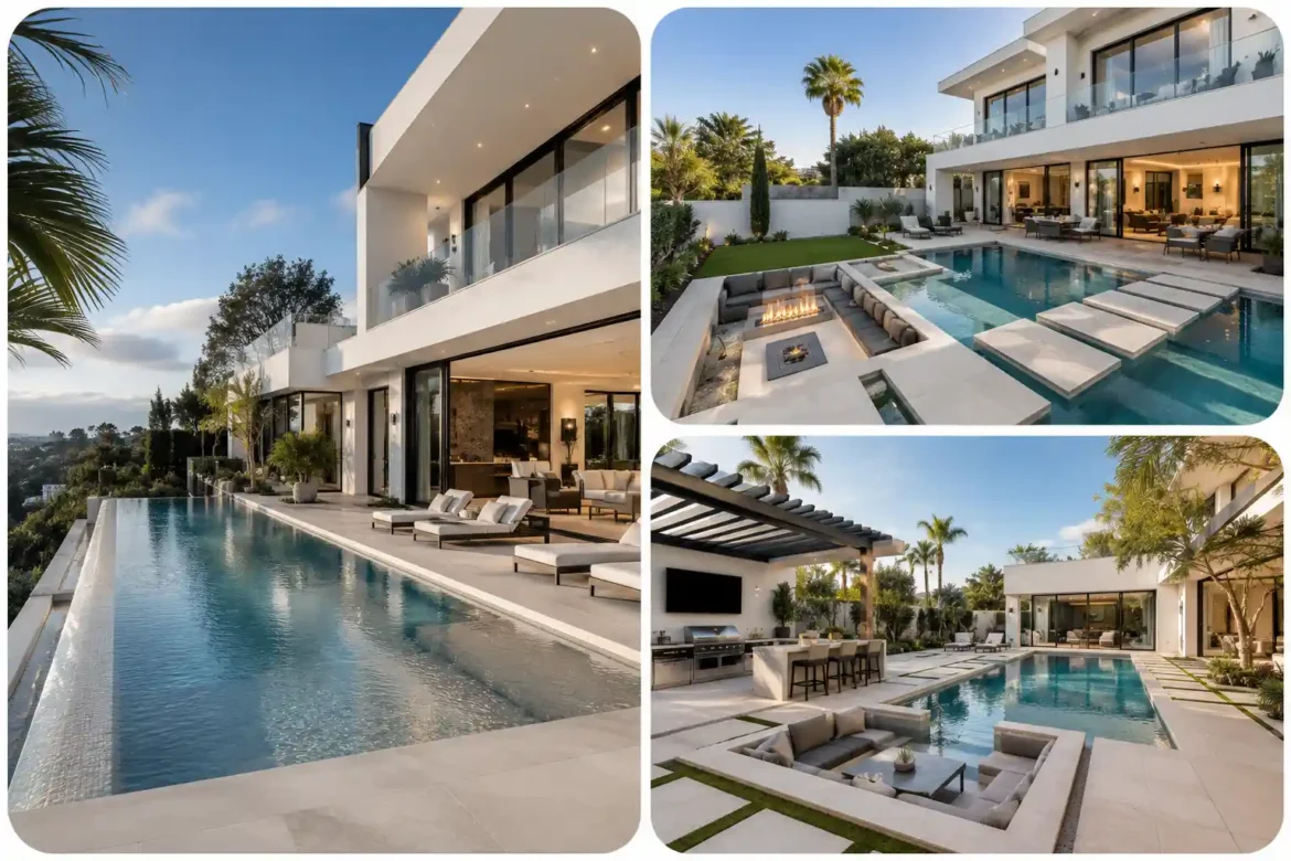 Luxury backyard pool ideas collage featuring an infinity edge pool, modern geometric swimming pool, floating stepping stone walkway, sunken fire pit lounge, outdoor kitchen, premium patio furniture, contemporary white architecture, porcelain pool deck, resort style landscaping, and elegant outdoor living spaces designed for luxury homes.