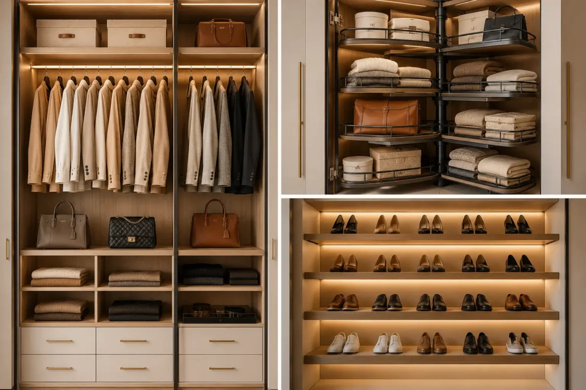 Luxury custom small closet organization ideas featuring floor to ceiling wardrobe storage, rotating corner carousel shelves, illuminated floating shoe display, premium wood cabinetry, neatly folded clothing, designer handbags, custom drawers, warm built in LED lighting, modern closet storage solutions, and stylish small closet organization ideas that maximize every inch of space.