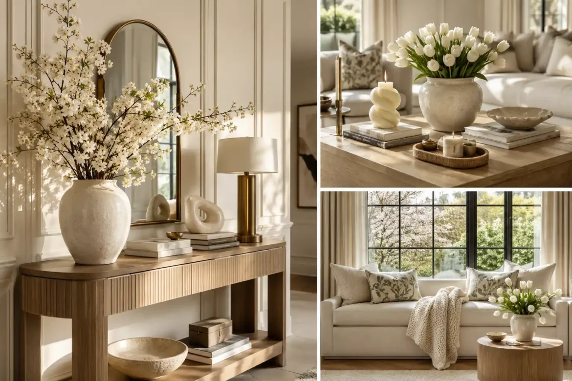 Luxury spring home decor ideas collage featuring an elegant oak console table styled with a large ceramic vase filled with blooming white cherry blossom branches, an arched brass mirror, designer table lamp, sculptural decor, stacked coffee table books, fresh white tulip centerpiece, cozy neutral living room, and a bright window seat with floral pillows creating timeless modern spring interior inspiration.
