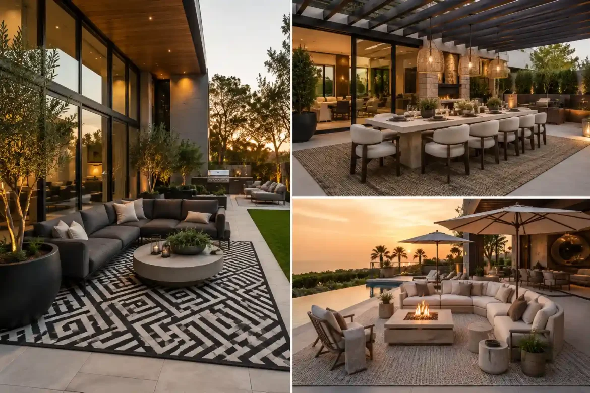 Luxury outdoor patio collage featuring three designer outdoor rug ideas including a bold black and white geometric rug beneath a modern sectional, an oversized woven rug defining a covered outdoor dining area, and a luxury resort style patio with a neutral textured rug, elegant lounge seating, fire table, contemporary architecture, warm golden hour lighting, premium landscaping, and sophisticated outdoor living inspiration.
