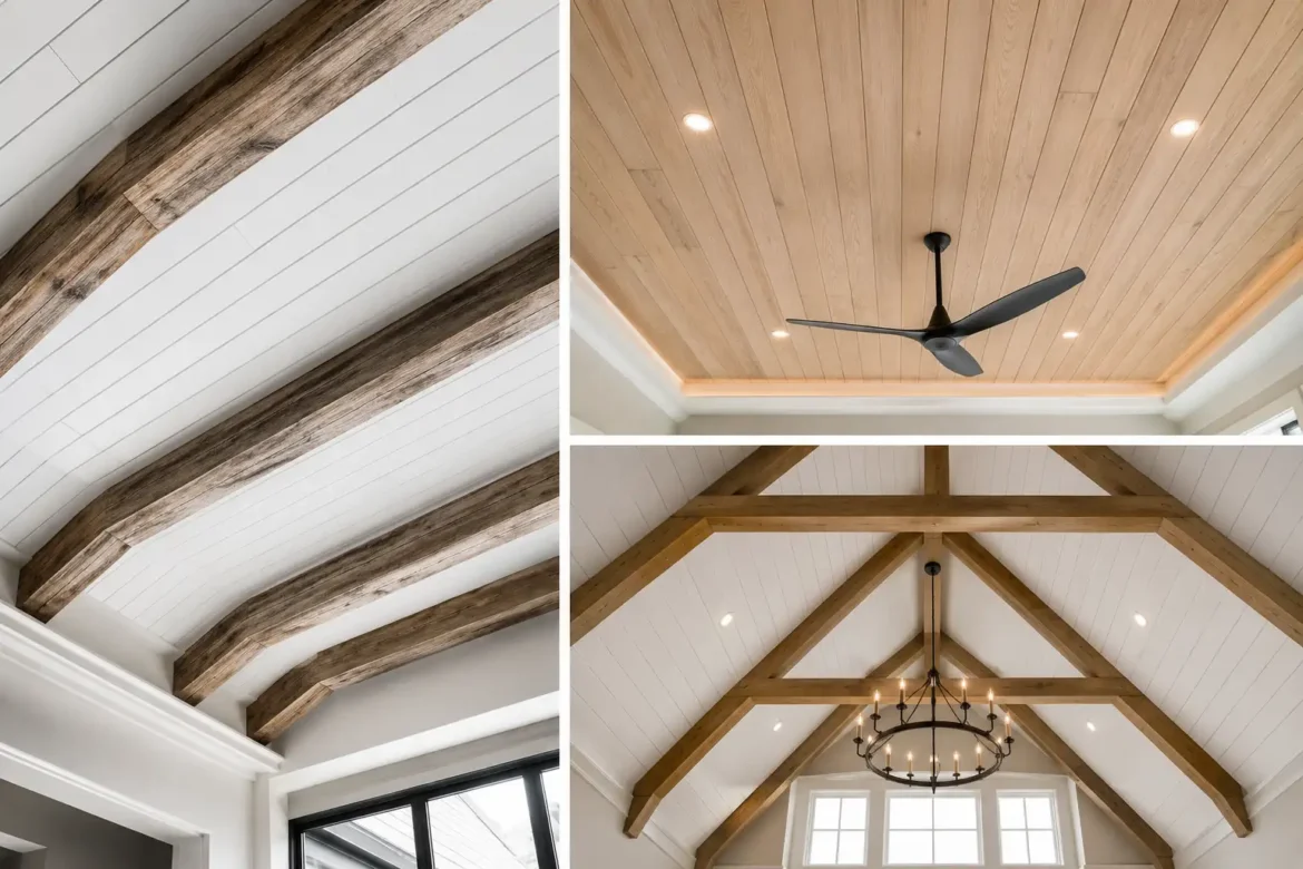 Collage featuring three luxury shiplap ceiling ideas including a white shiplap ceiling with rustic reclaimed wood beams, a natural oak wood plank ceiling with recessed lighting and a modern black ceiling fan, and a vaulted white shiplap ceiling with exposed timber trusses and a statement chandelier. Timeless shiplap ceiling inspiration for modern farmhouse, contemporary, rustic, and luxury home interiors with elegant architectural ceiling designs.