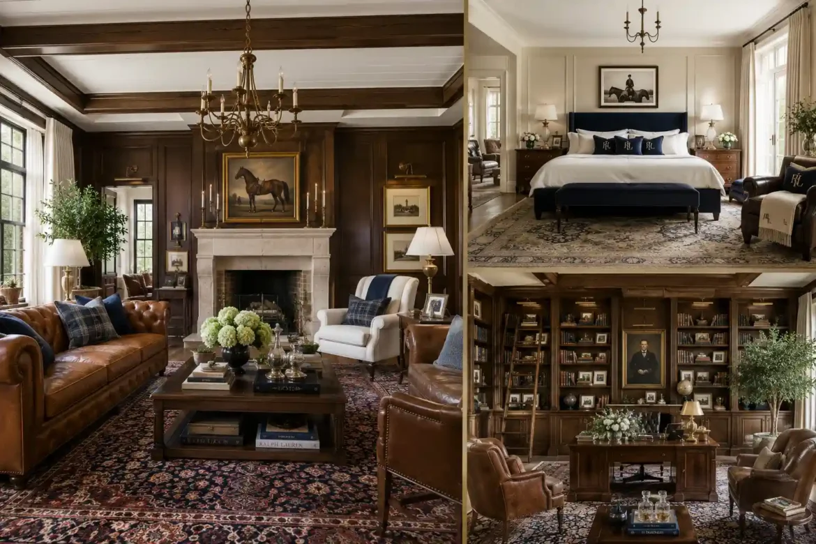 Luxury Ralph Lauren home decor featuring a timeless living room with a cognac leather Chesterfield sofa, white stone fireplace, dark walnut wall paneling, equestrian artwork, Persian area rug, elegant coffee table styling, alongside a sophisticated navy and white bedroom with upholstered bed, and a custom walnut home office with floor to ceiling bookshelves, creating a refined traditional luxury interior inspired by Ralph Lauren home decor.
