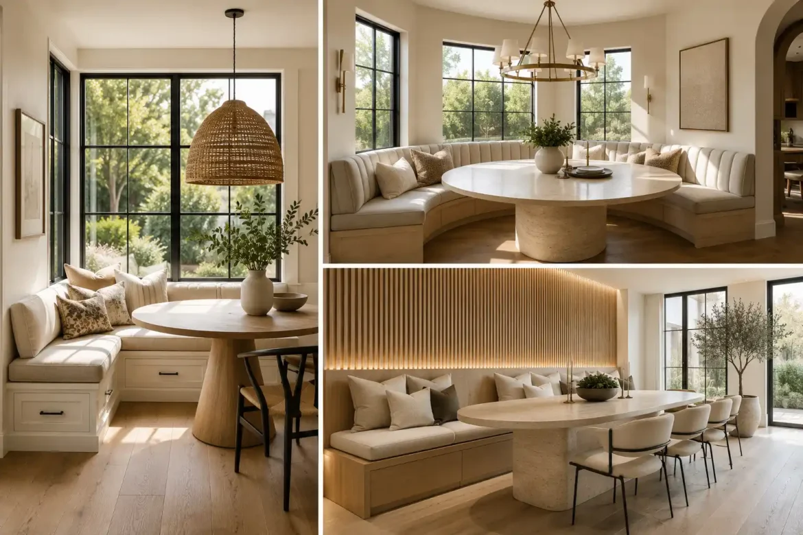 Featured image showcasing three luxury DIY banquette seating ideas including a built in corner banquette with hidden storage, a curved upholstered dining nook, and a modern wood slat banquette wall with LED lighting, round pedestal dining tables, neutral décor, custom built in bench seating, cozy dining room inspiration, space saving breakfast nook ideas, and elegant modern dining room design.