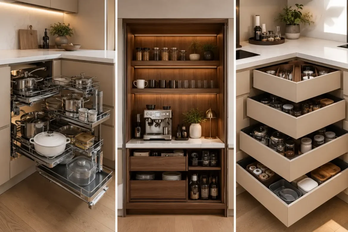 Collage featuring three modern kitchen corner cabinet ideas, including a magic corner pull out cabinet, a built in appliance garage with coffee station, and space saving corner drawers for hidden kitchen storage. Luxury contemporary kitchen design with custom cabinetry, warm LED lighting, smart organization, and innovative corner cabinet solutions that maximize storage while keeping countertops clutter free.