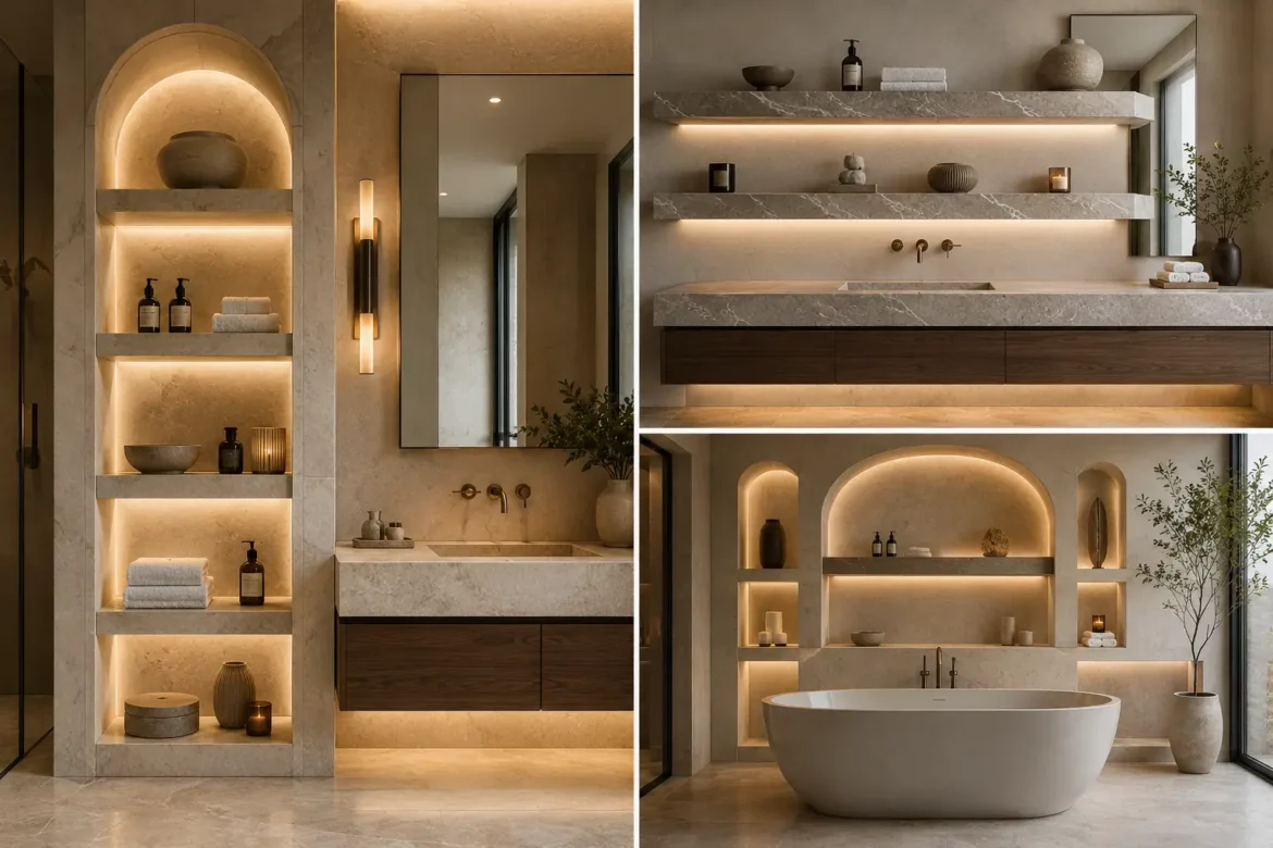Luxury bathroom shelf ideas featured in a three image collage with an illuminated arched built in shelving tower, floating marble vanity shelves, and a statement shelf wall behind a freestanding bathtub, styled with folded towels, bath products, ceramic decor, and warm integrated lighting.