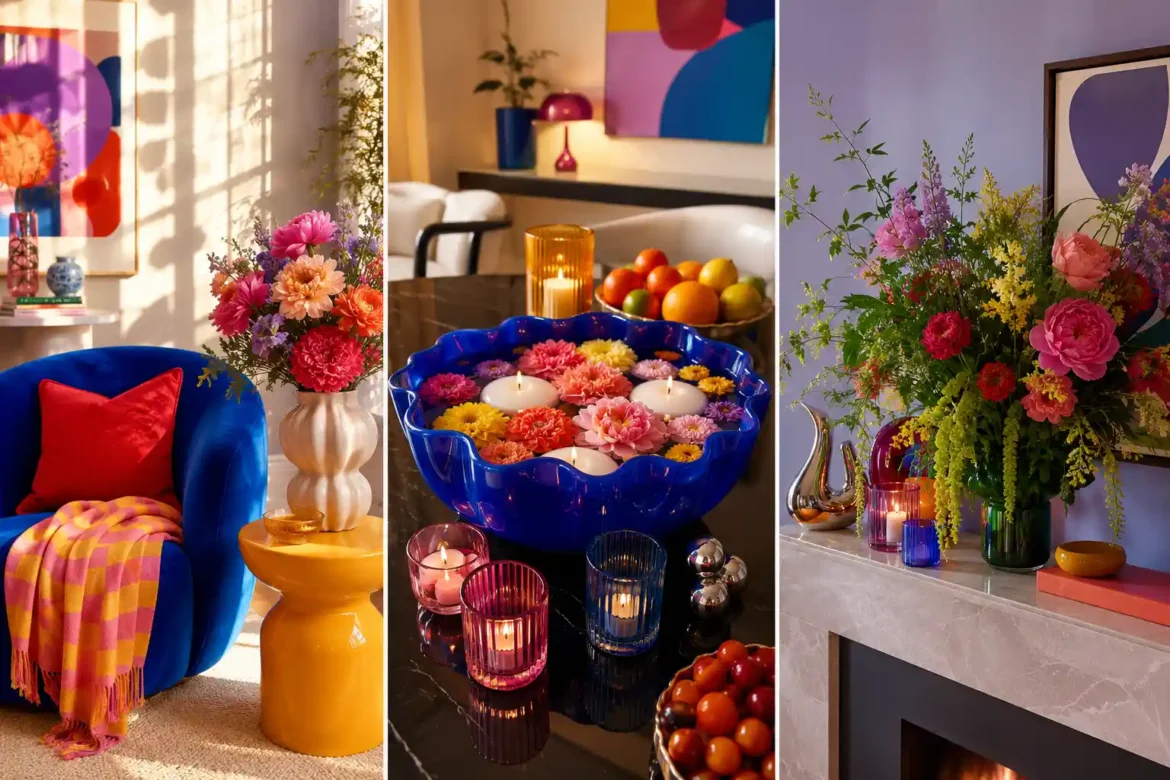Three panel modern Budget Seasonal Decor Ideas collage featuring a bold cobalt blue reading chair with colorful cushions and flowers, a glossy blue floating candle bowl filled with vibrant blooms, and a contemporary fireplace mantel styled with bright seasonal flowers, colored glass candles, and modern decorative accents.