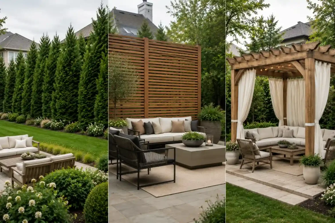 Three panel backyard privacy ideas collage featuring a tall evergreen privacy hedge, modern wooden slat privacy screen, and wooden pergola with outdoor curtains, each creating a stylish and secluded backyard seating area without a traditional fence.