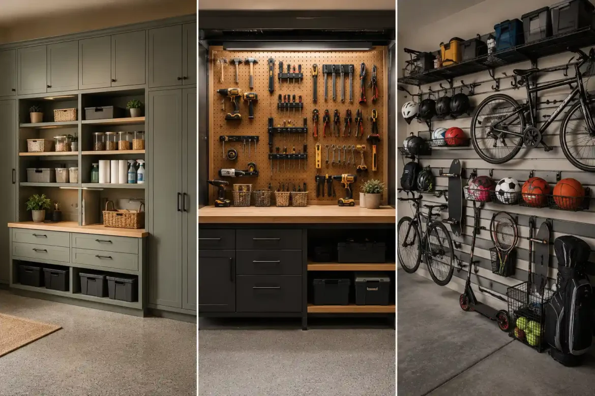 Horizontal featured image showing three garage organization ideas ideas in a clean three panel layout, including a floor to ceiling cabinet storage wall with open shelving and bins, a wooden pegboard tool station with neatly arranged hand tools and power drills, and a slatwall sports storage system with bicycles, helmets, balls, rackets, a skateboard, scooter, and golf equipment.