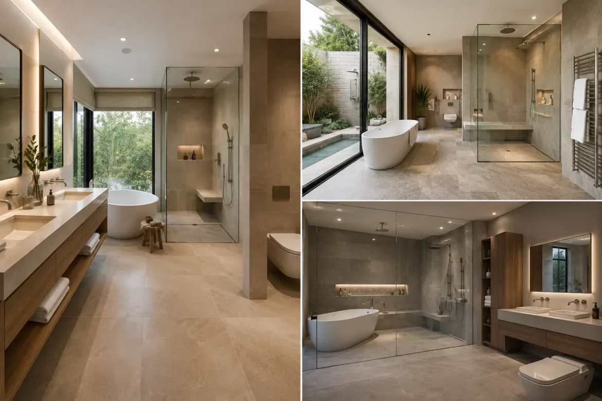 Featured collage of three modern spa-inspired bathroom ideas featuring freestanding soaking tubs, glass walk in rain showers, floating vanities, natural stone flooring, warm wood cabinetry, built in shower benches, garden views, heated towel rails, recessed storage niches, and soft ambient lighting for a serene luxury home retreat.