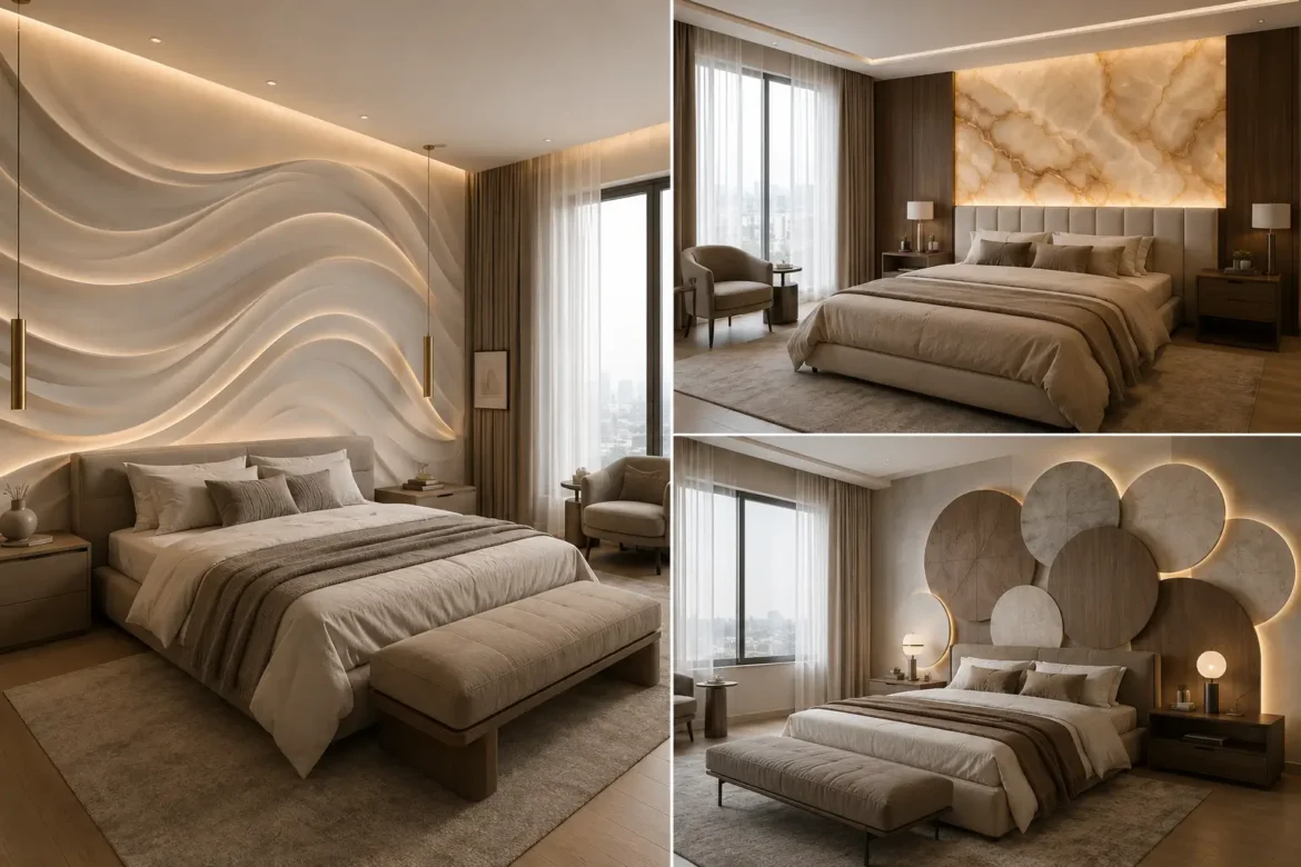 Modern bedroom wall decor ideas above the headboard featuring a three image collage of luxury bedrooms with an illuminated wave form plaster wall, glowing backlit onyx panel, and layered circular wall panels with warm lighting, neutral bedding, and contemporary interior design.