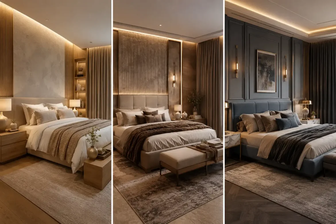 Luxury room color combinations featuring three designer bedroom interiors with warm greige, taupe, charcoal gray, neutral bedding, elegant wall paneling, ambient LED lighting, modern luxury bedroom decor, cozy bedroom inspiration, contemporary interior design, high end home decor ideas, sophisticated room color palettes, designer approved bedroom styling, luxury home inspiration.