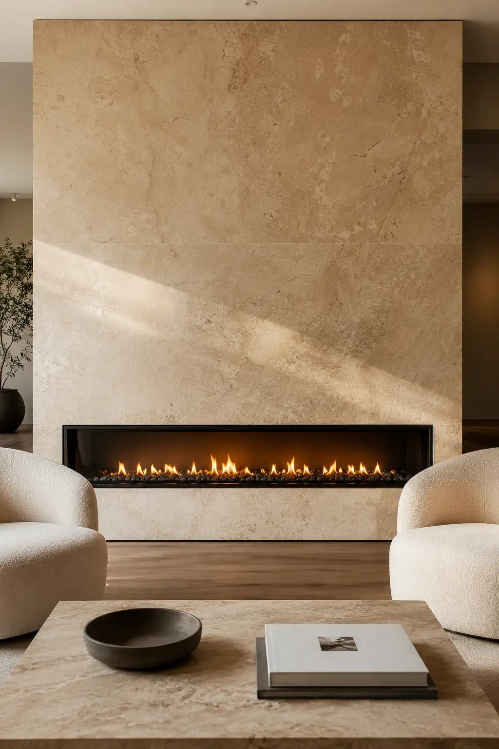 Luxury floor to ceiling limestone fireplace featuring oversized natural limestone slabs, a sleek black linear gas fireplace, floating travertine hearth, concealed warm LED lighting, European oak flooring, soft ivory boucle seating, and an elegant modern living room with timeless luxury interior design and premium architectural styling.