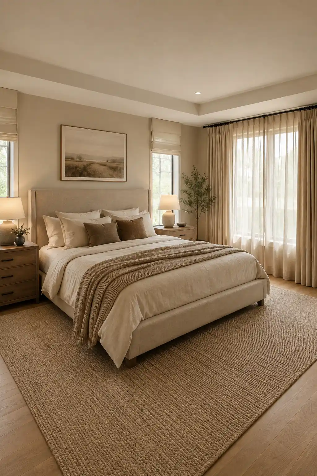 Warm neutral adult bedroom with a cream upholstered bed, layered ivory and beige bedding, textured woven area rug, warm wooden nightstands, matching ceramic lamps, soft sheer curtains, natural wood flooring, and elegant modern bedroom decor.
