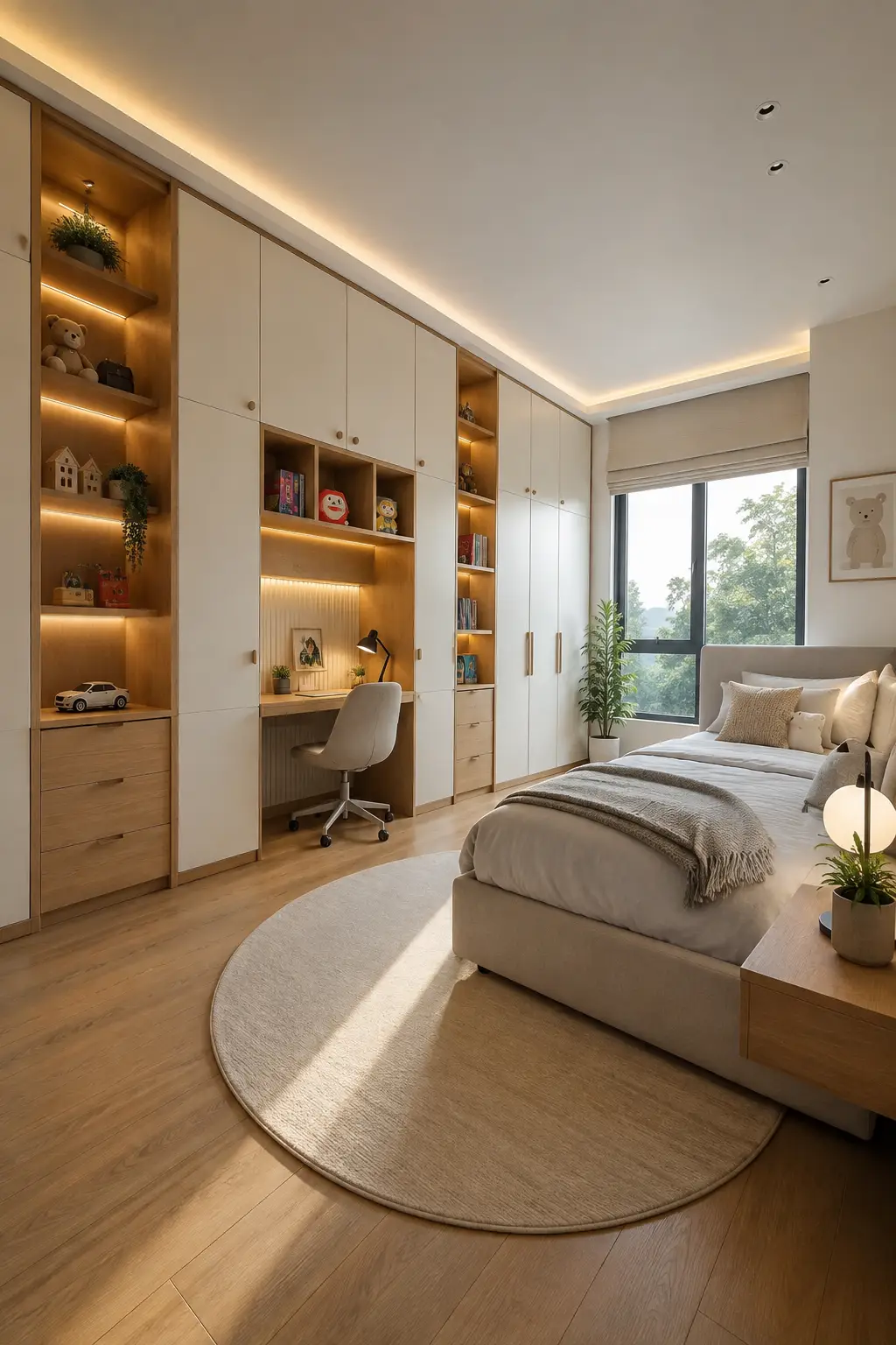Modern kids room renovation featuring floor to ceiling built in storage, custom white cabinetry, warm wood shelving, integrated study desk, illuminated display shelves, upholstered bed, light oak flooring, neutral decor, and smart bedroom organization for a practical everyday space.