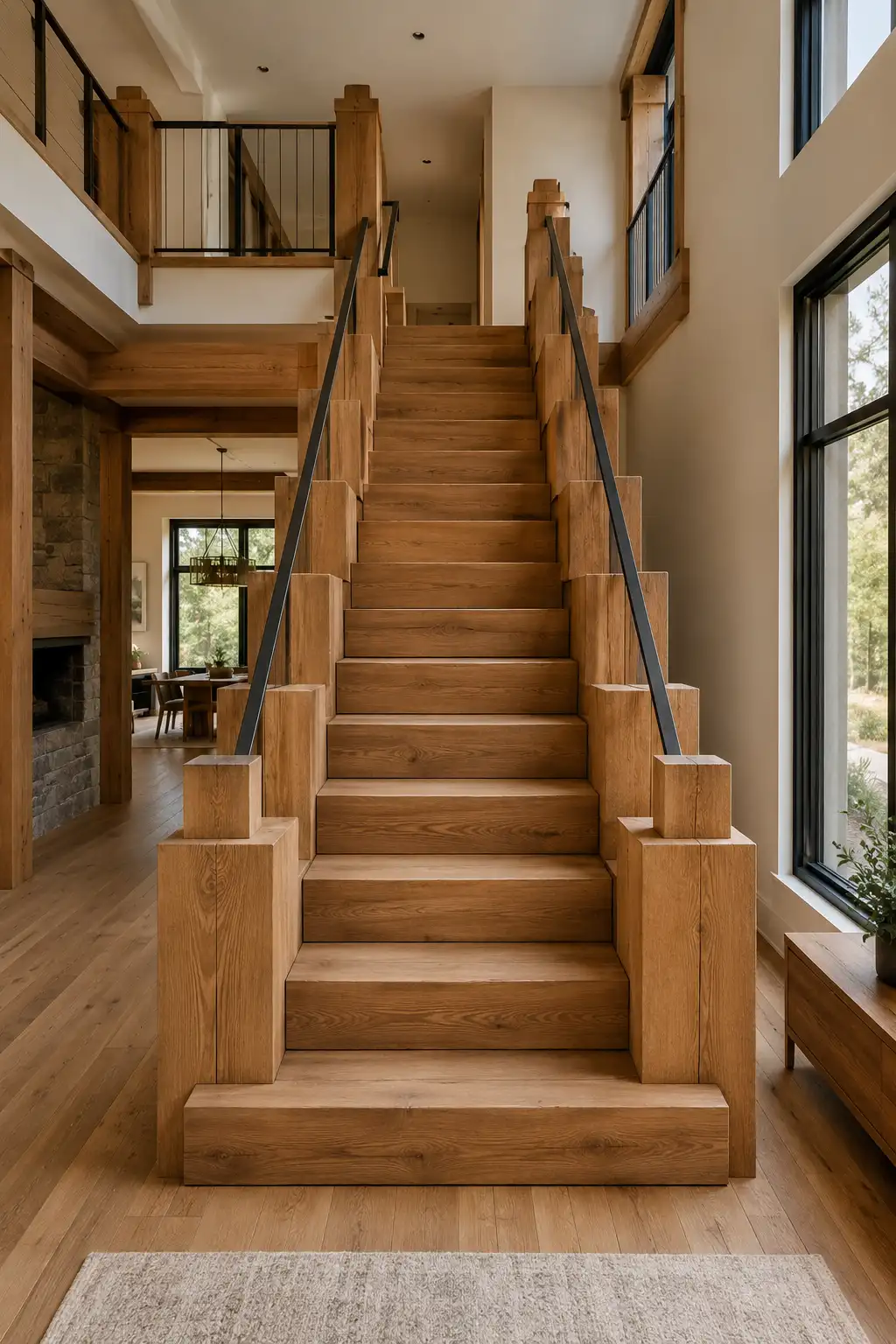 Ultra realistic modern home staircase featuring wide chunky natural oak wood treads, oversized square timber posts, substantial wooden side supports, slim black metal railings, warm oak flooring, tall windows, neutral walls, and strong rectangular architectural details inspired by Minecraft block building.