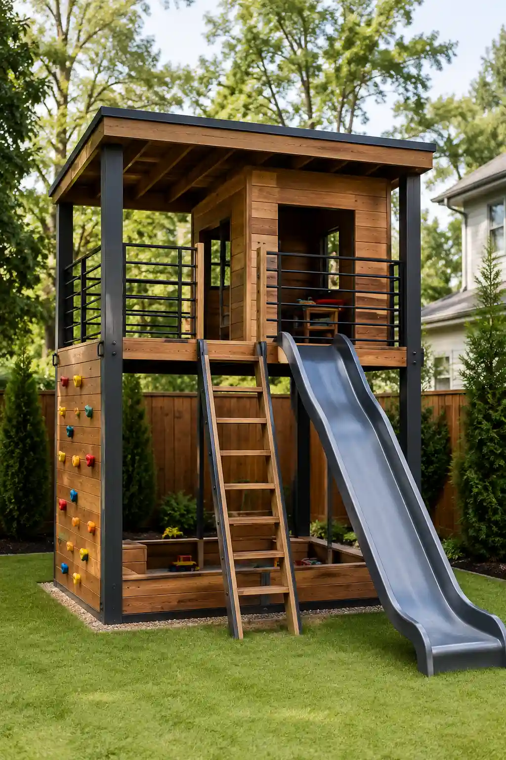 Modern DIY kids playground in a contemporary backyard featuring a raised wooden playhouse with warm horizontal wood siding, matte black structural posts, sleek black safety railings, colorful climbing holds on a vertical climbing wall, sturdy wooden ladder, wide dark gray slide, open shaded play area beneath the platform, landscaped green lawn, privacy fencing, mature trees, and a realistic modern residential setting.