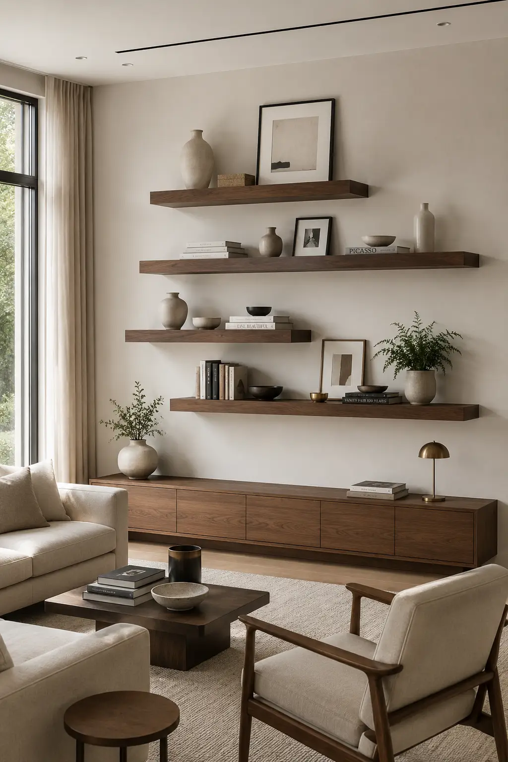Modern living room featuring a staggered arrangement of thick walnut floating shelves mounted across a warm beige wall, with varying shelf lengths creating a balanced and layered modern display. The shelves are styled with neutral ceramic vases, framed minimalist artwork, stacked coffee table books, sculptural objects, and small greenery, creating a refined contemporary focal wall. A large cream sectional sofa, walnut coffee table, matching wood furniture, textured neutral area rug, and modern accent chairs complete the sophisticated modern home decor setting.