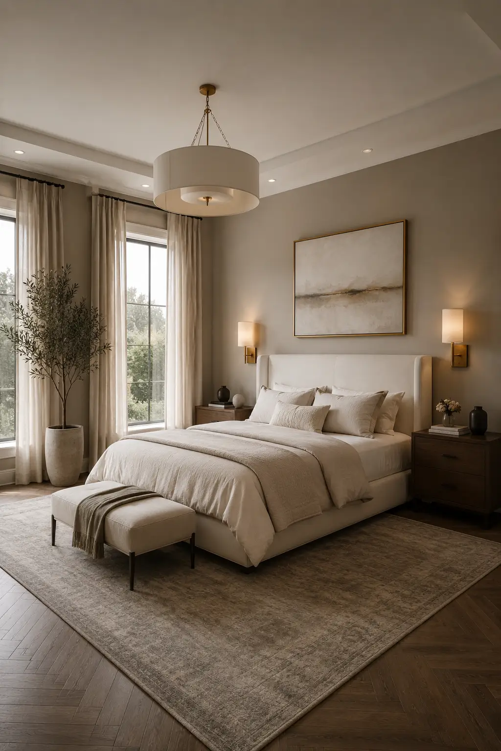 Sophisticated modern bedroom featuring warm greige painted walls with subtle architectural detailing, a large cream upholstered bed dressed in layered ivory and beige bedding, dark walnut nightstands, warm brass wall sconces, a large neutral textured area rug, floor-to-ceiling beige curtains, natural hardwood flooring, elegant framed artwork, a tall decorative indoor tree, and soft daylight creating a refined luxury bedroom atmosphere.